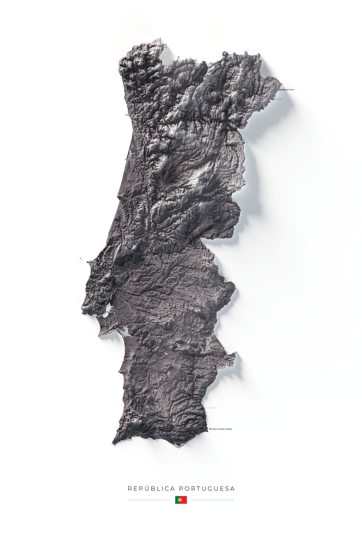 Mapa del relieve de Portugal continental · Gris lavanda · 61 × 91 cm · Vista completa