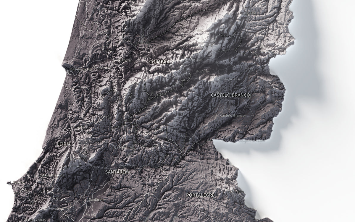 Mapa del relieve de Portugal continental · Gris lavanda · 70 × 100 cm · Detalle del centro