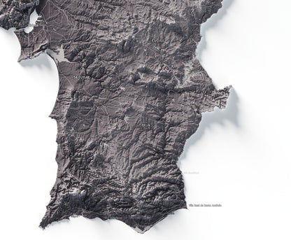 Mapa del relieve de Portugal continental · Gris lavanda · 70 × 100 cm · Detalle del sur
