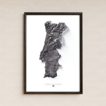 Mapa del relieve de Portugal continental · Gris lavanda · 70 × 100 cm · Lámina enmarcada