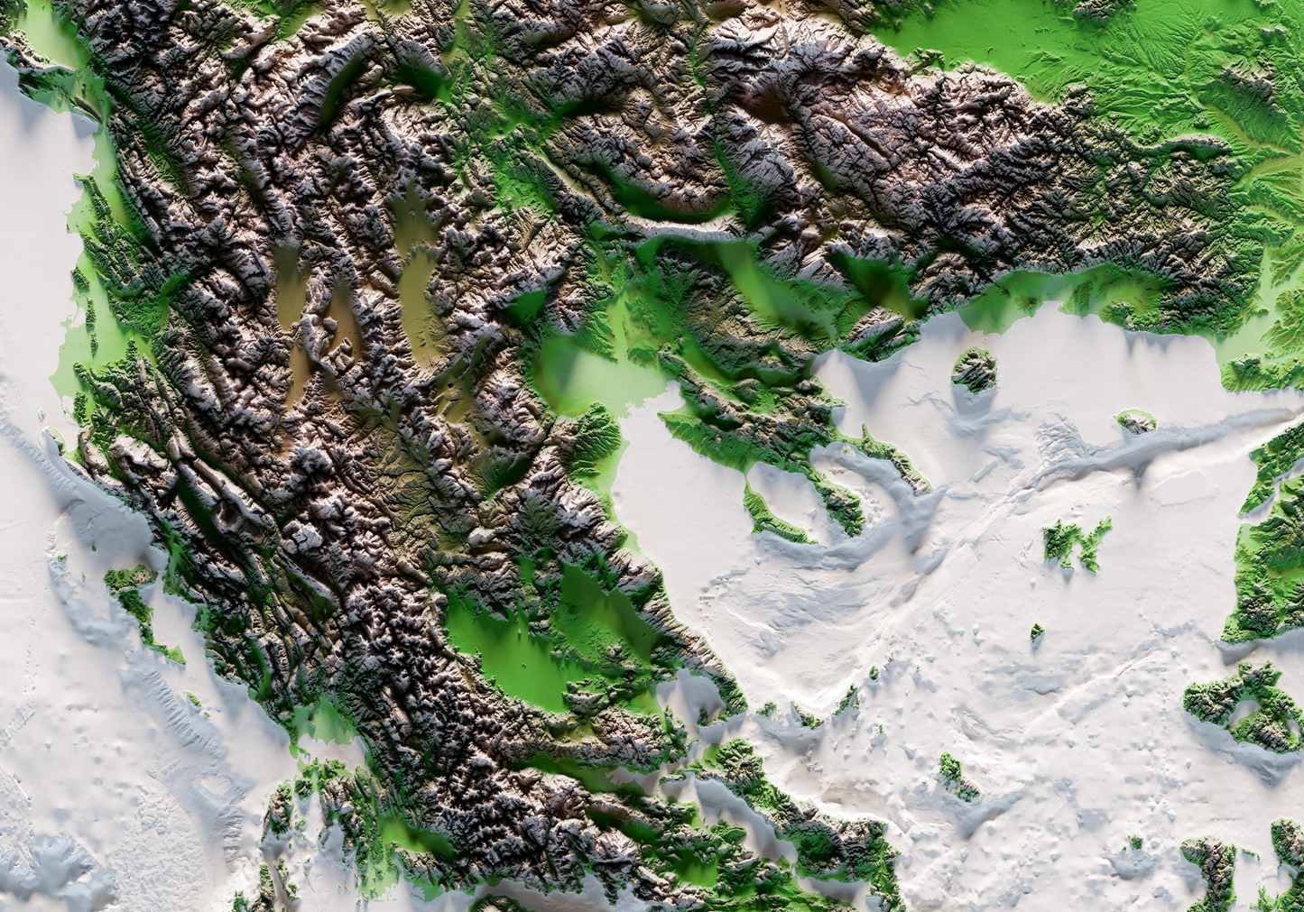 REGIÓN DEL MAR EGEO. Mapa de relieve clásico con batimetría.