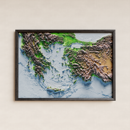 REGIÓN DEL MAR EGEO. Classic reief map print with bathymetry. Blue sea version.