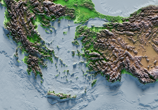 REGIÓN DEL MAR EGEO. Classic reief map print with bathymetry. Blue sea version.