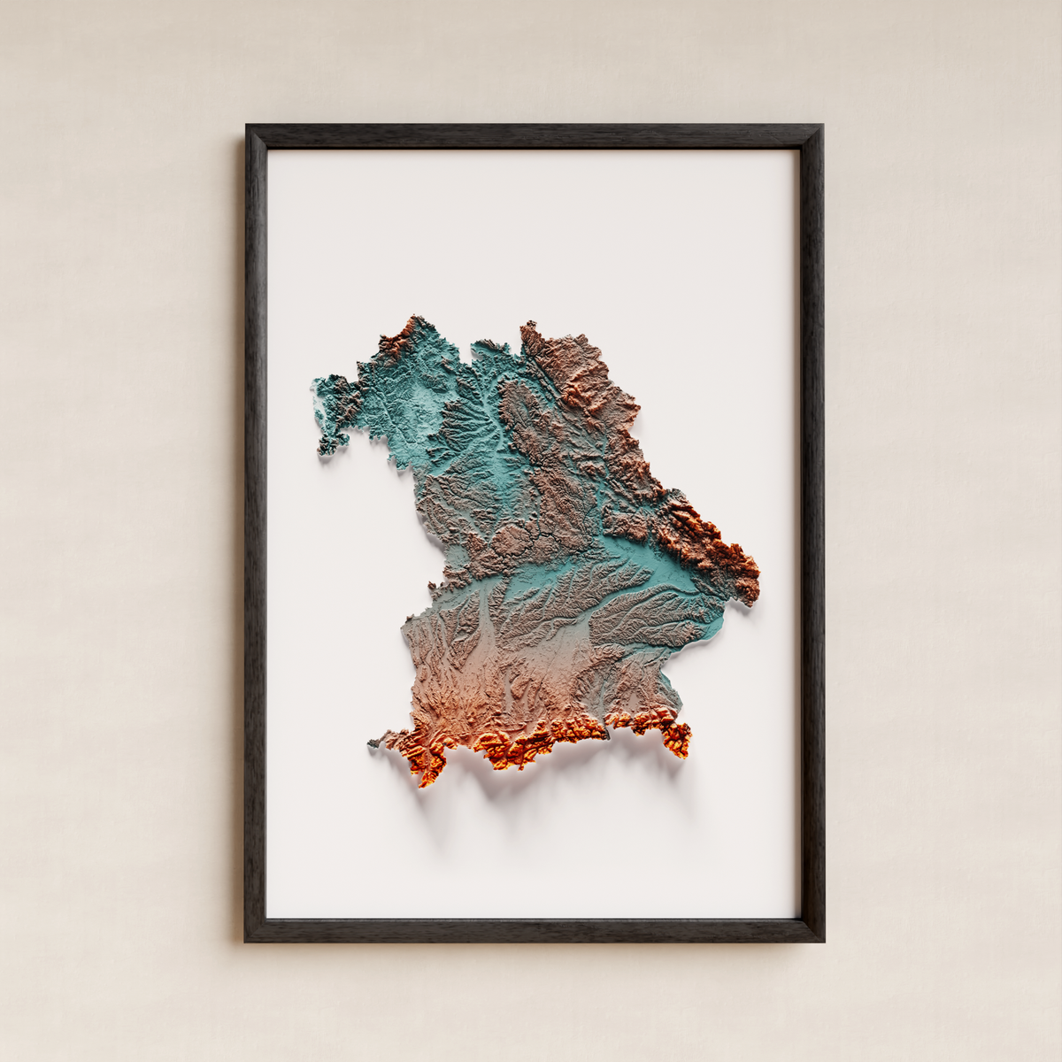 BAYERN. Mapa de relleu artístic / blau i taronja