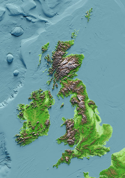 ISLAS BRITÁNICAS E IRLANDESAS. Mapa de relieve clásico con batimetría.