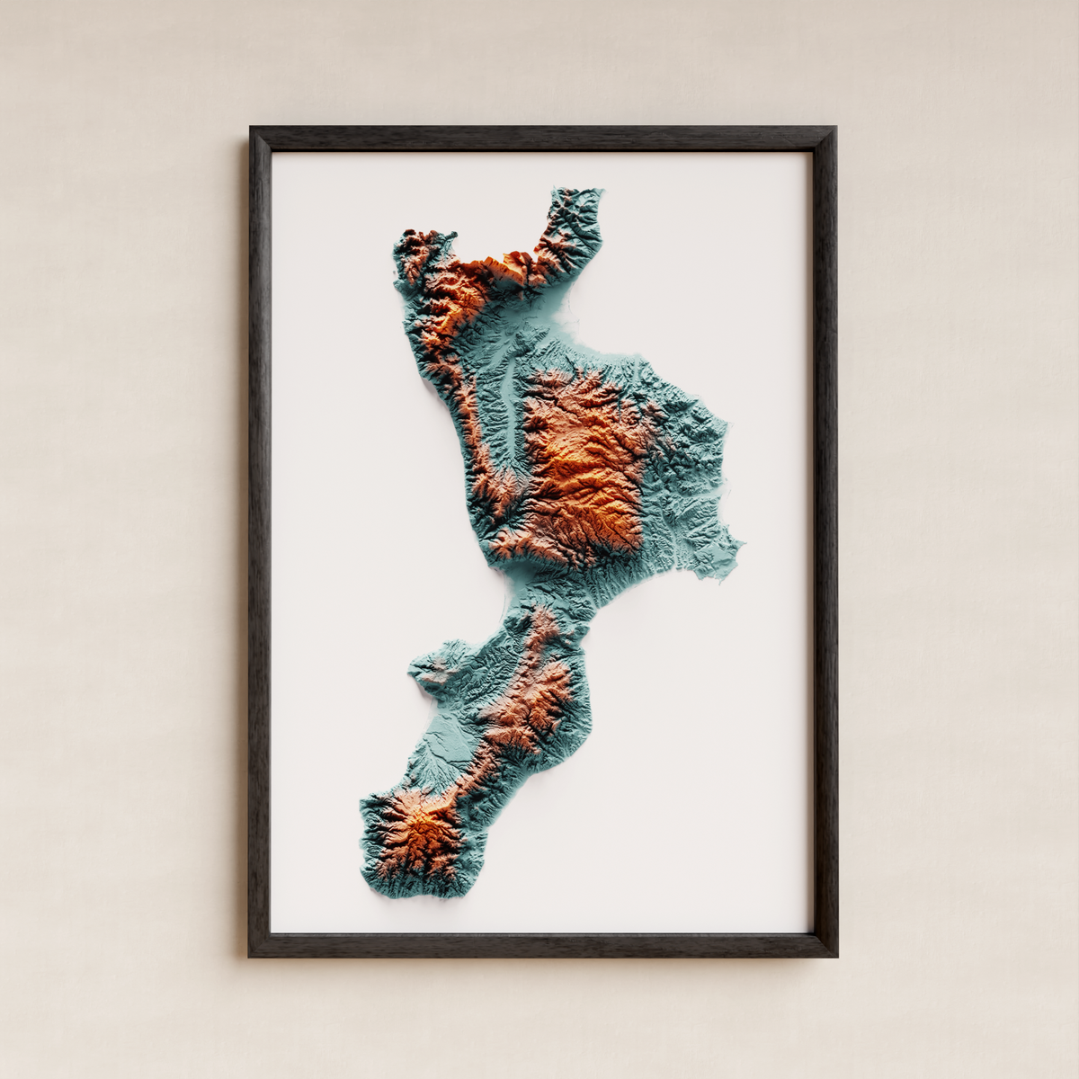 CALABRIA. Mapa de relleu artístic / blau i taronja