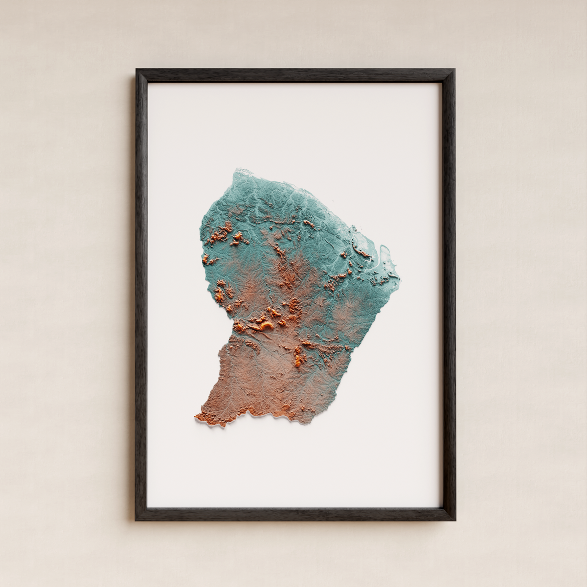 GUAYANA FRANCESA. Mapa de relieve artístico / azul y naranja