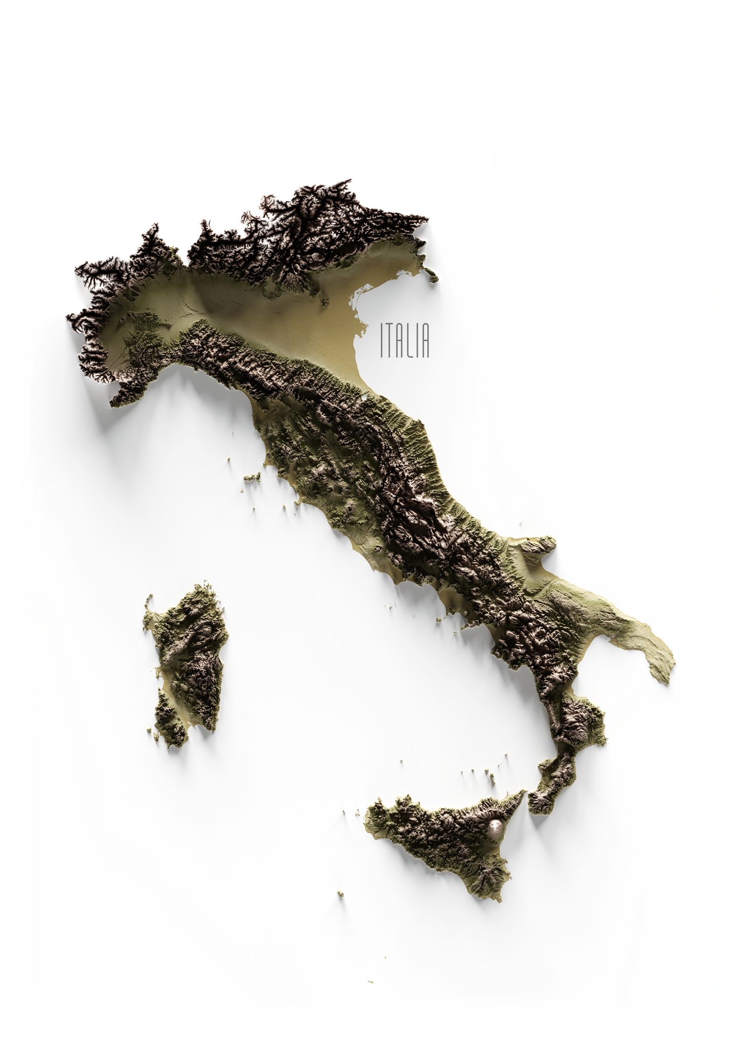 ITALIA. Mapa de relieve en colores terrosos.