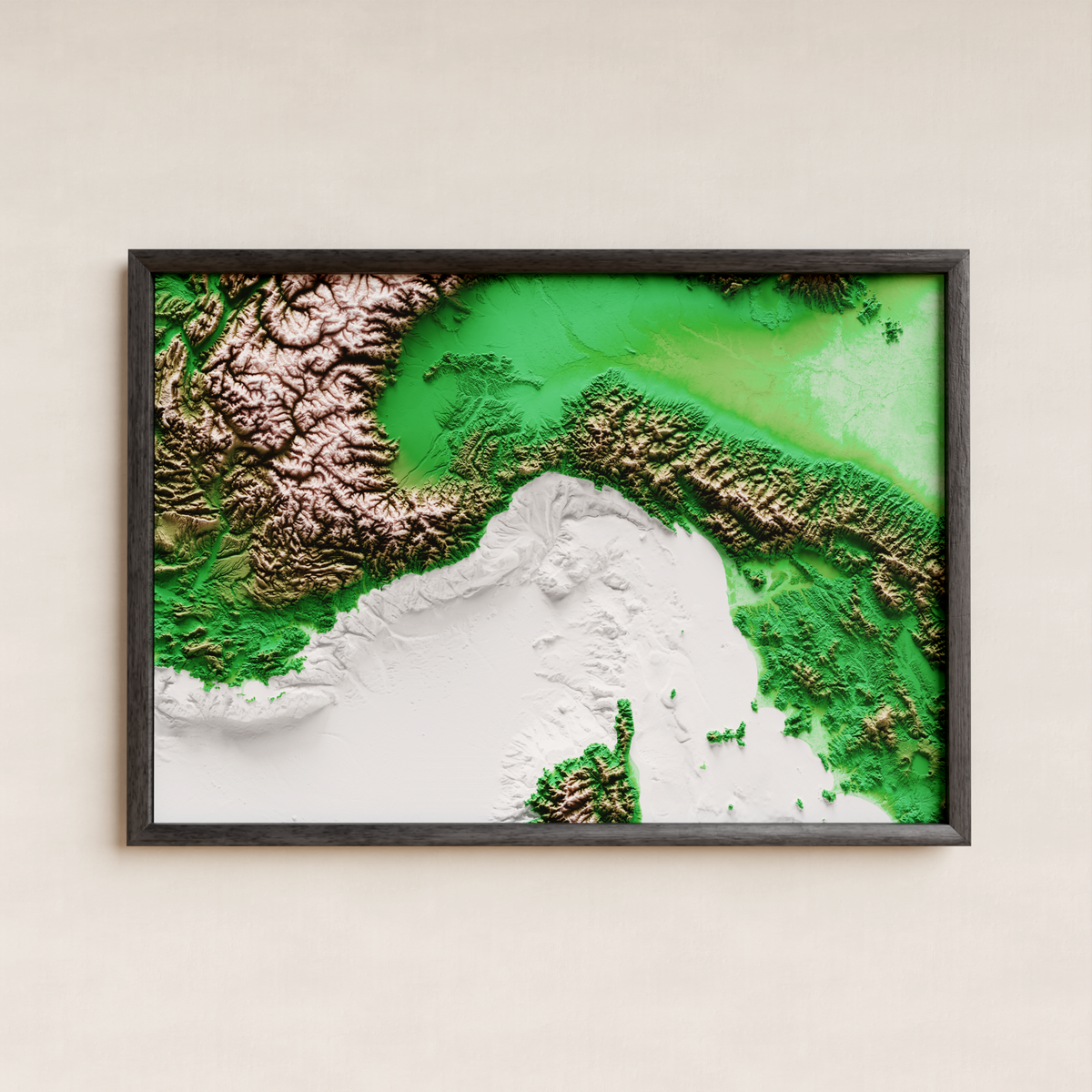 MAR LIGURE. Mapa de relieve y batimetría / paleta clásica