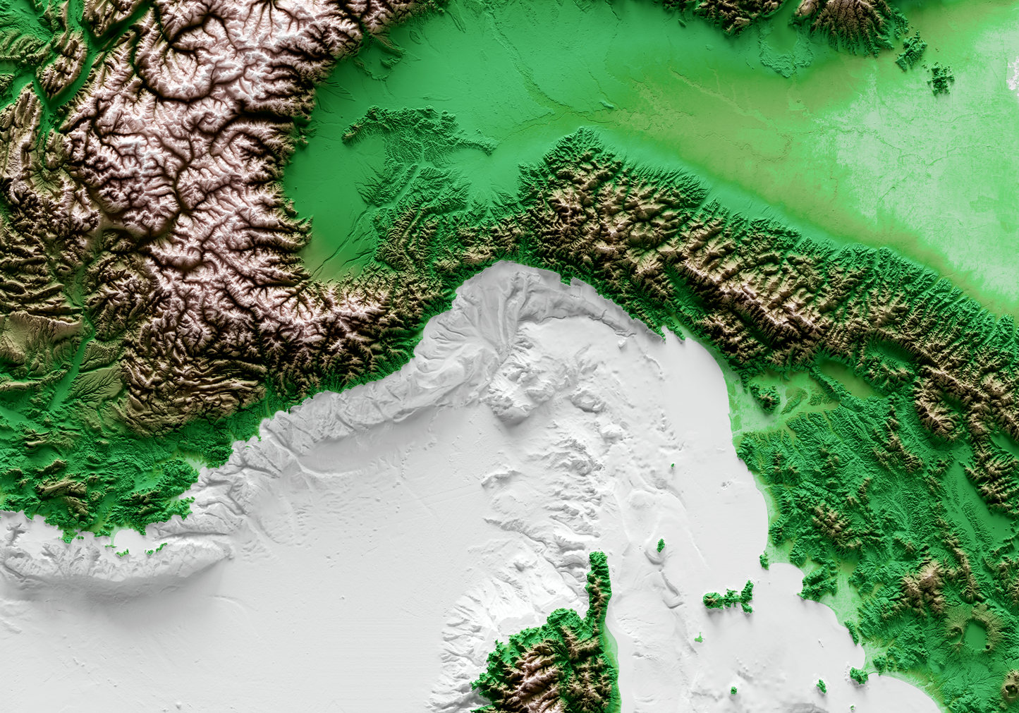 MAR LIGURE. Mapa de relieve clásico con batimetría.