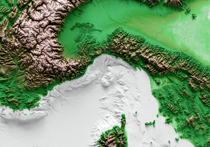 MAR LIGURE. Mapa de relieve clásico con batimetría.