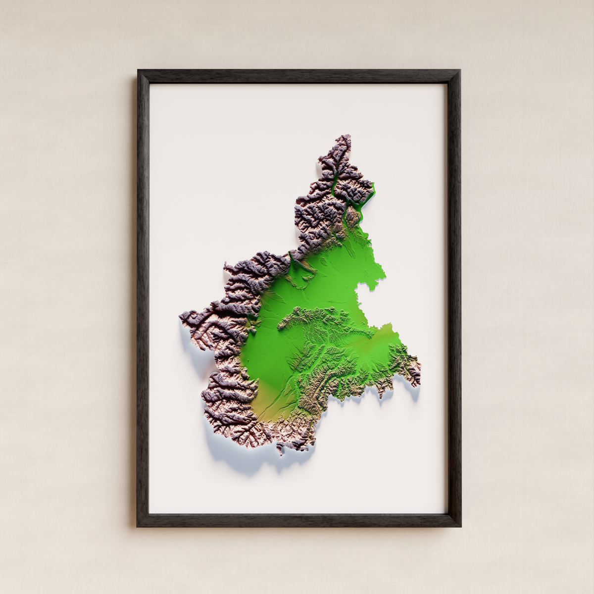 PIEMONTE. Mapa de relieve artístico / paleta clásica