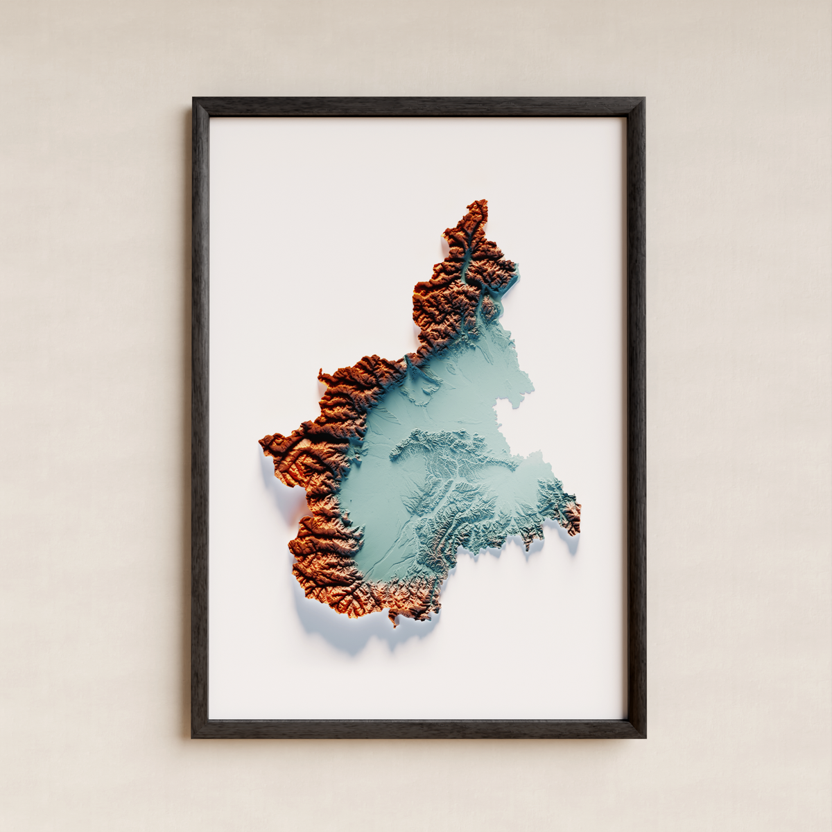 PIEMONTE. Mapa de relieve artístico / azul y naranja