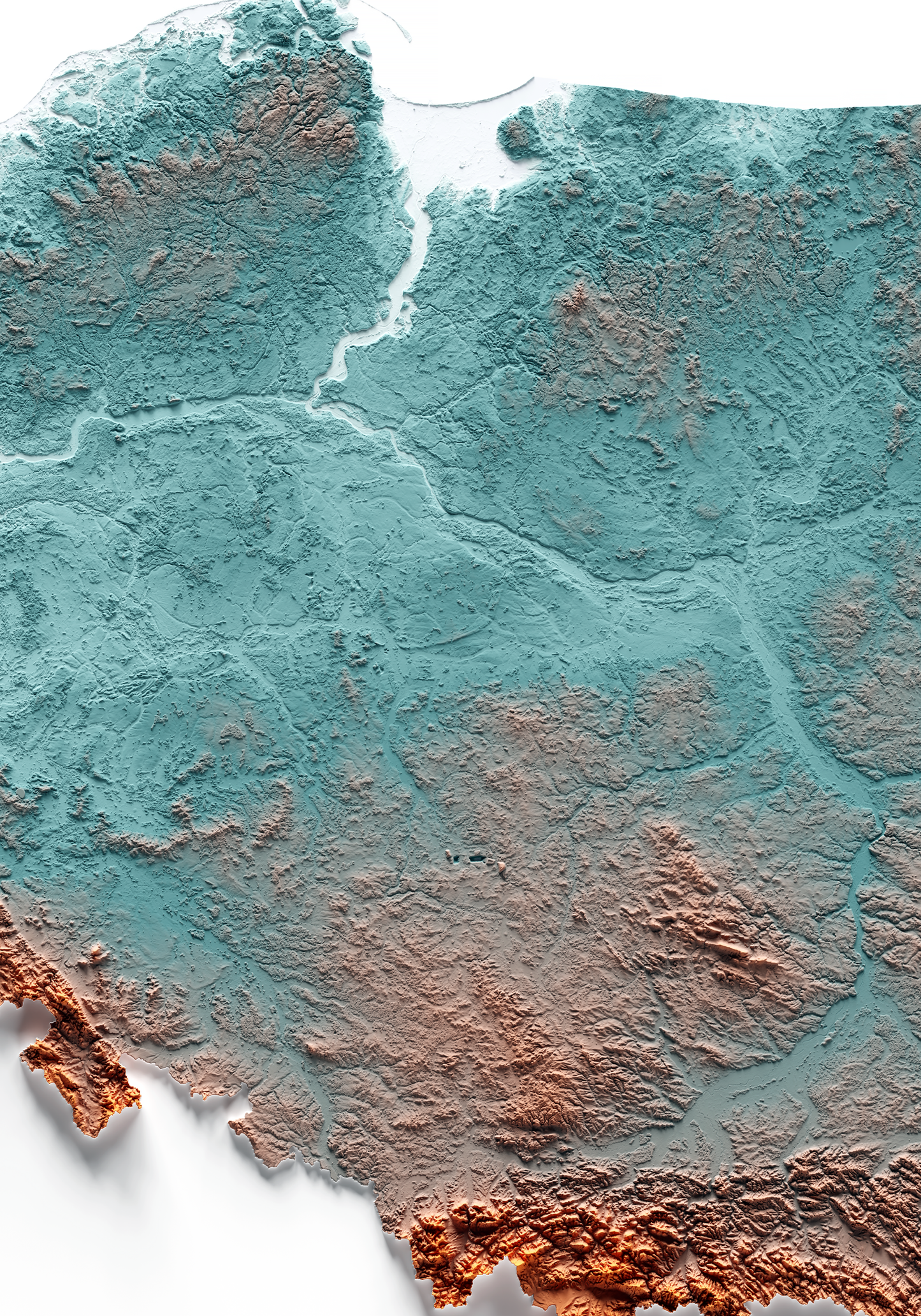POLONIA. Mapa de relieve con contraste.