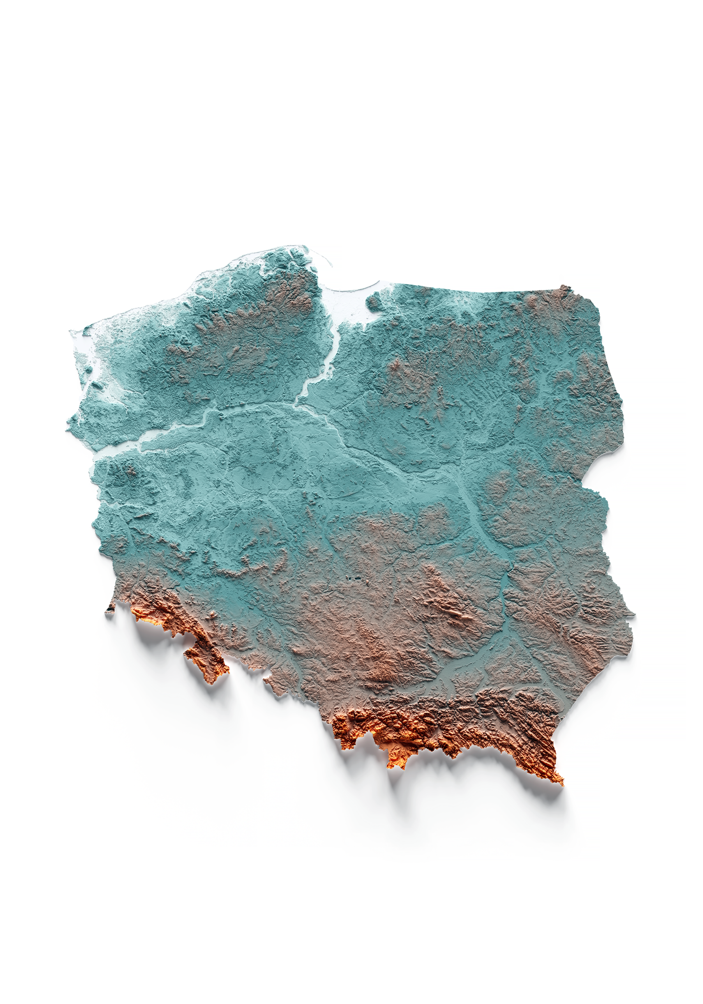 POLONIA. Mapa de relieve con contraste.