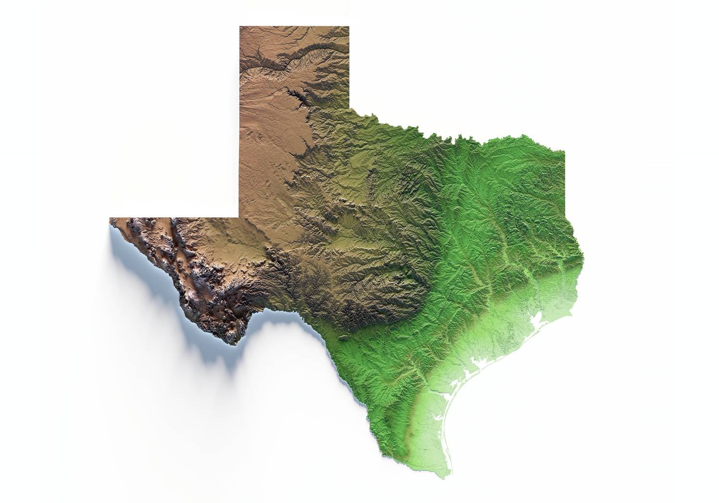 TEXAS. Mapa de relieve clásico.