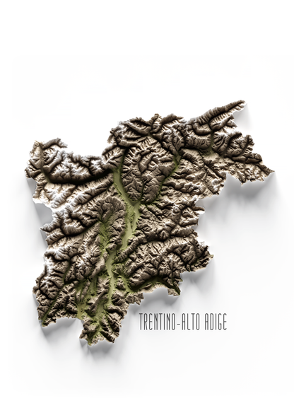 TRENTINO-ALTO ADIGIO. Mapa de relieve en colores terrosos.