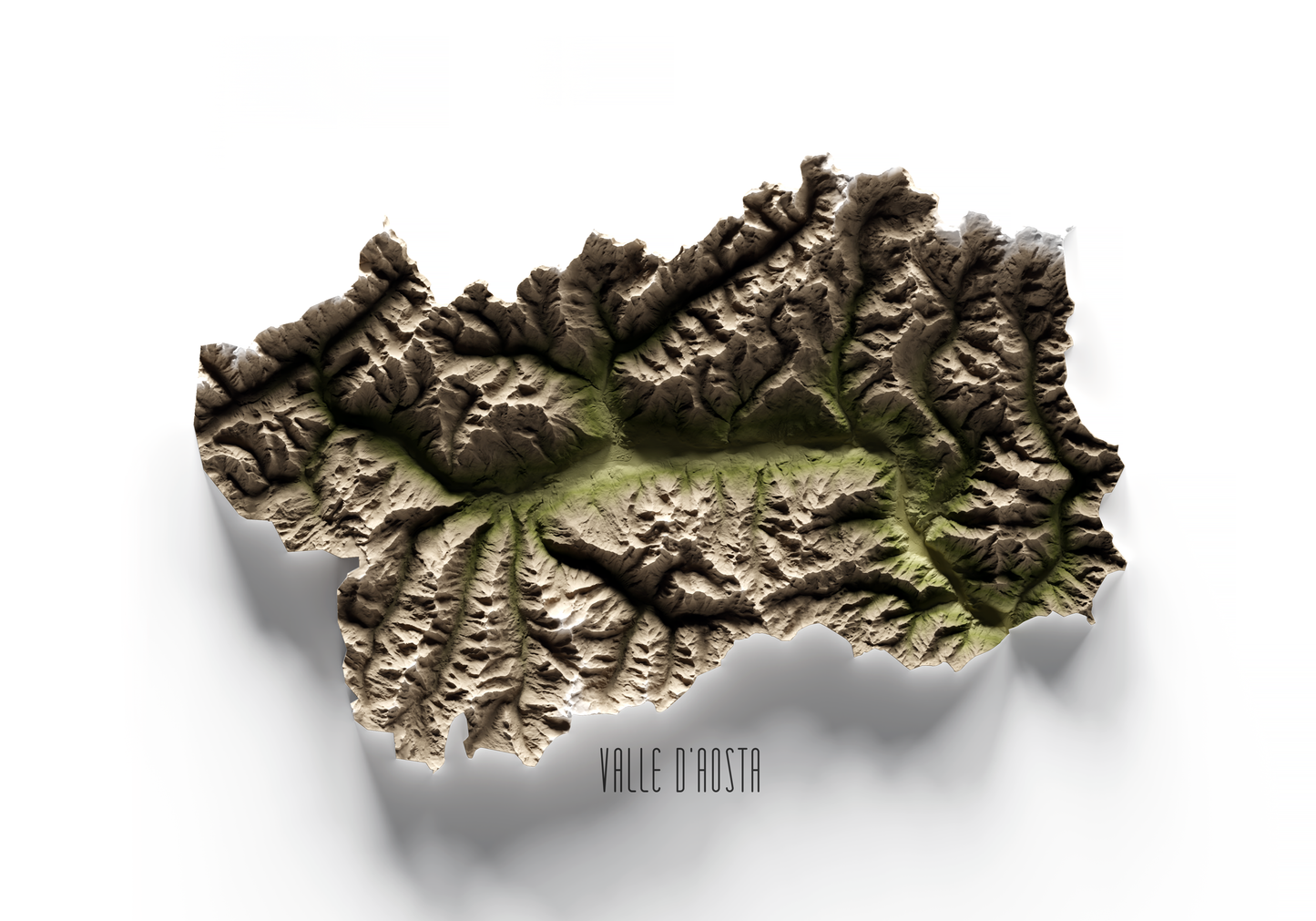 VALLE DE AOSTA. Mapa de relieve en colores terrosos.