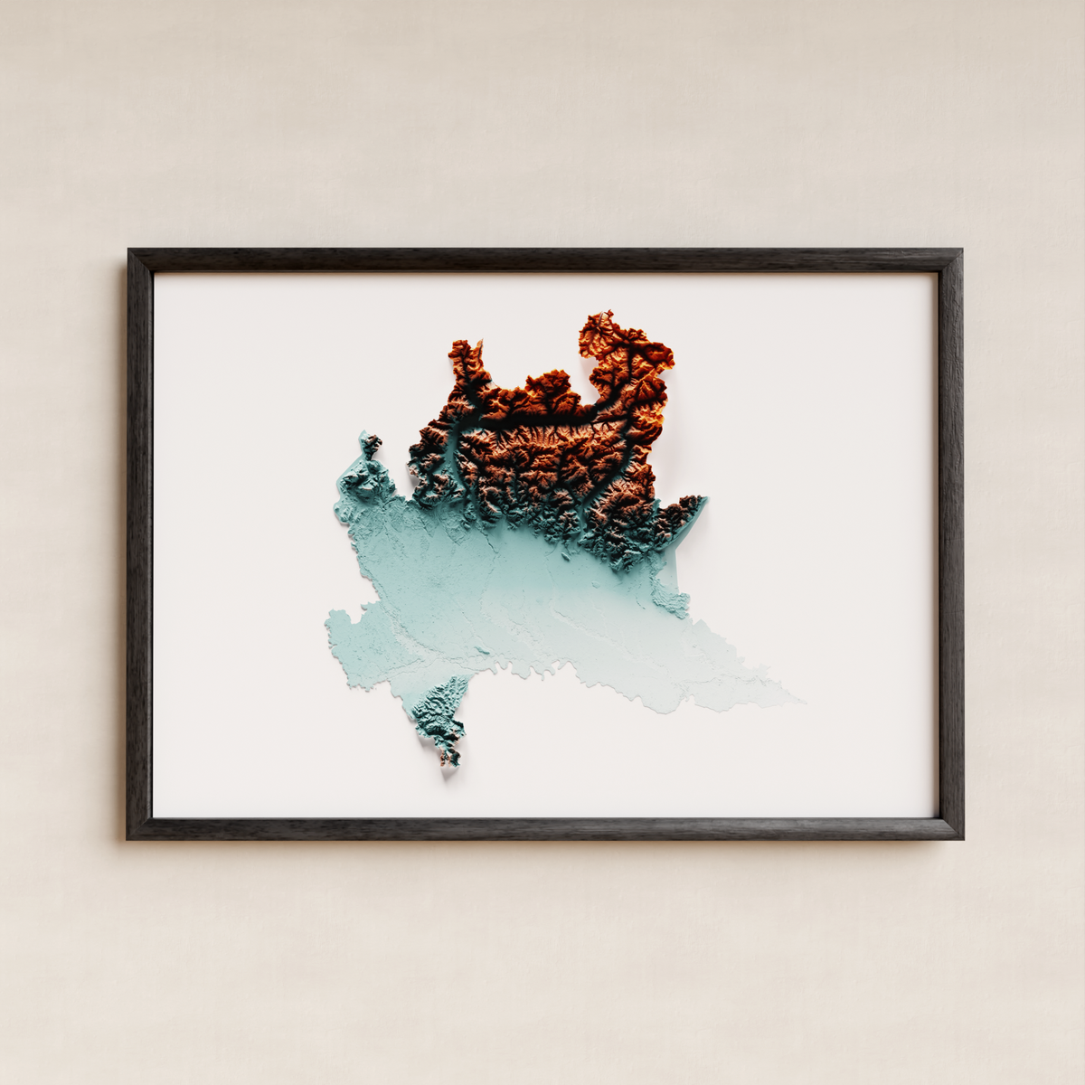 LOMBARDIA. Mapa de relieve artístico / azul y naranja