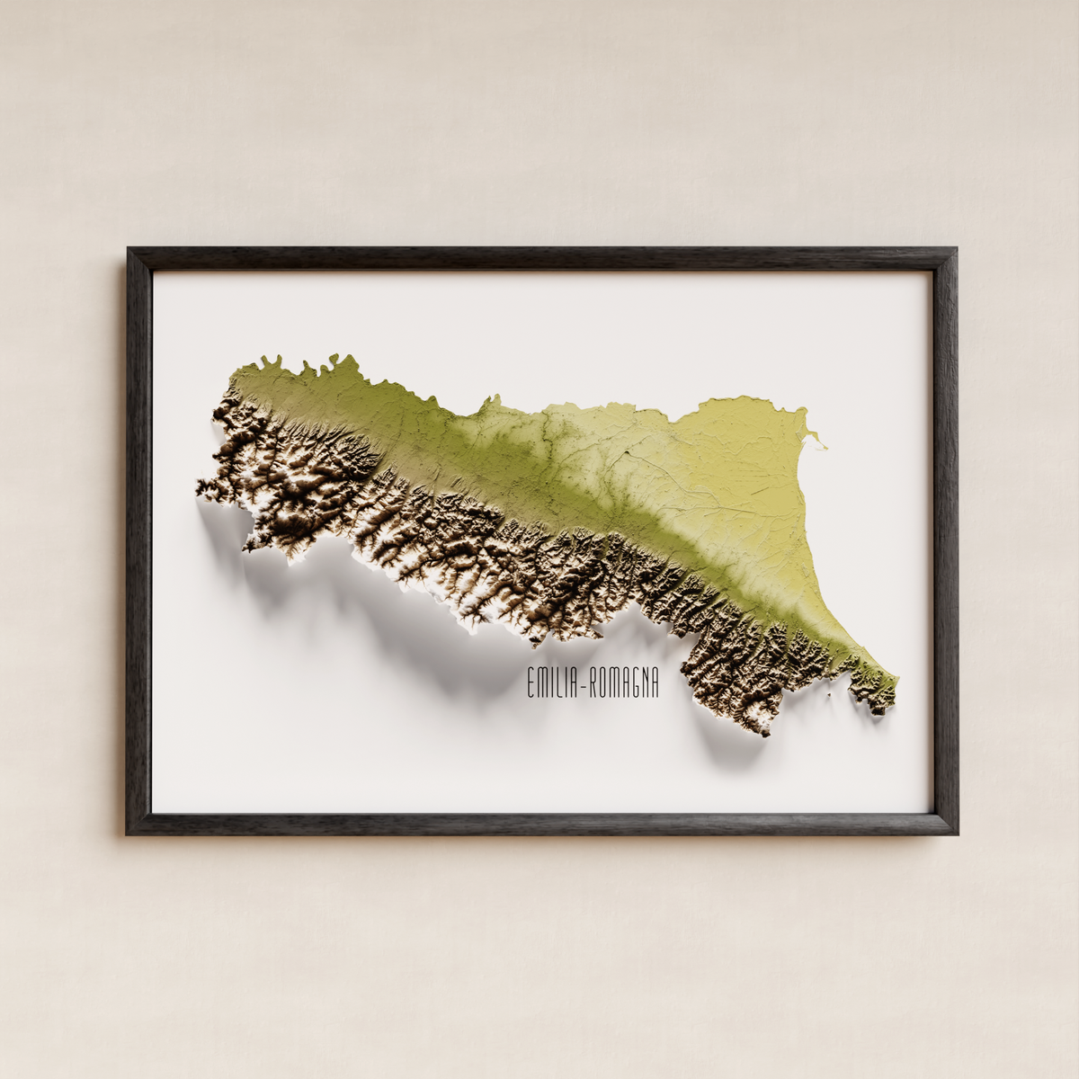 EMILIA-ROMAGNA. Mapa de relieve artístico / tonos tierra