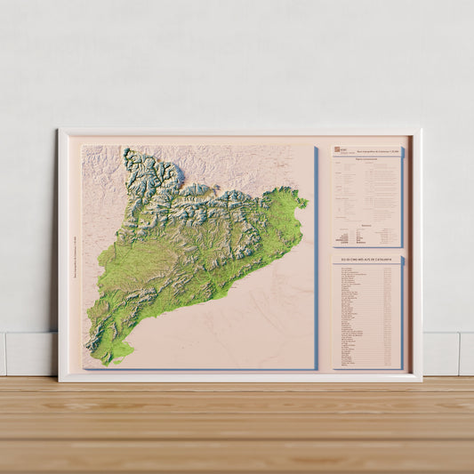 CATALUNYA. Mapa topográfico amb llistat dels cims més alts.