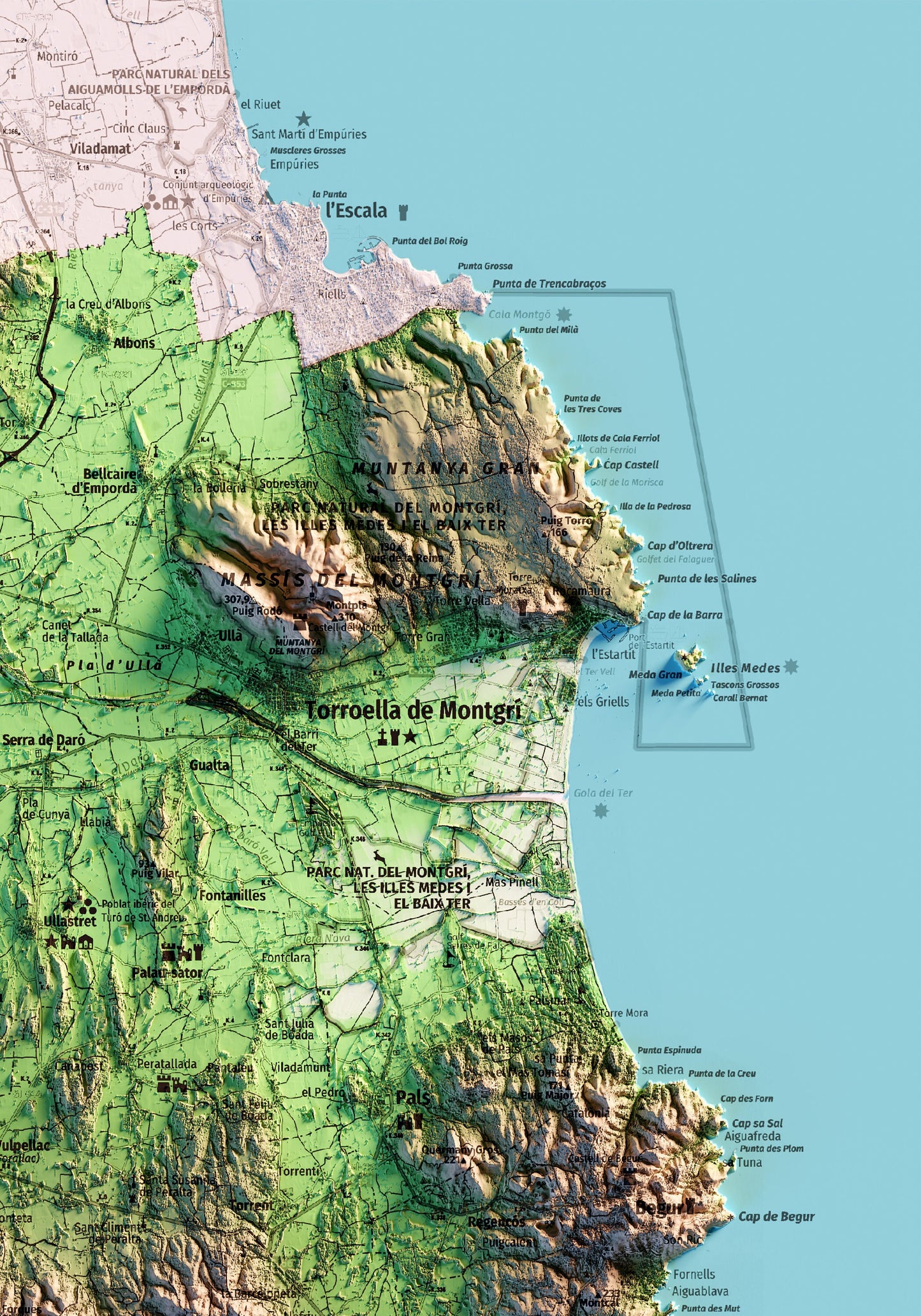 EL BAIX EMPORDÀ. Mapa topográfico. Versió amb el mar blau.
