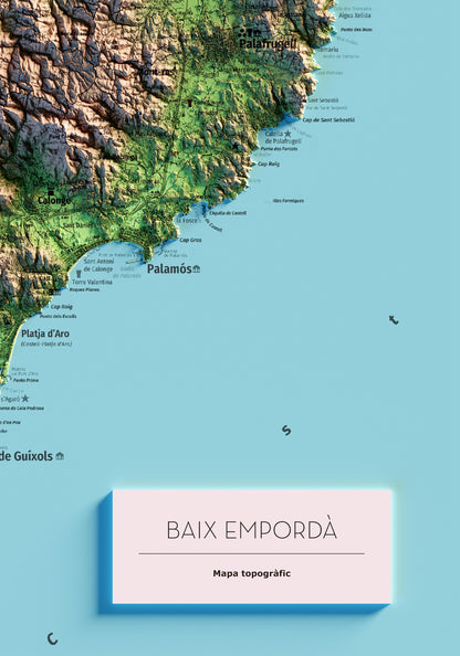 EL BAIX EMPORDÀ. Mapa topográfico. Versió amb el mar blau.