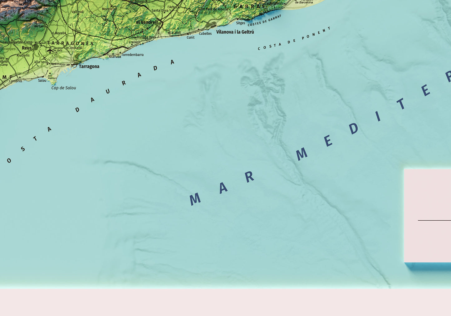 CATALUNYA. Mapa topográfico. Versió sense llegenda amb el mar blau.