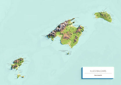 ILLES BALEARS. Mapa topográfico. Versió amb el mar blau.