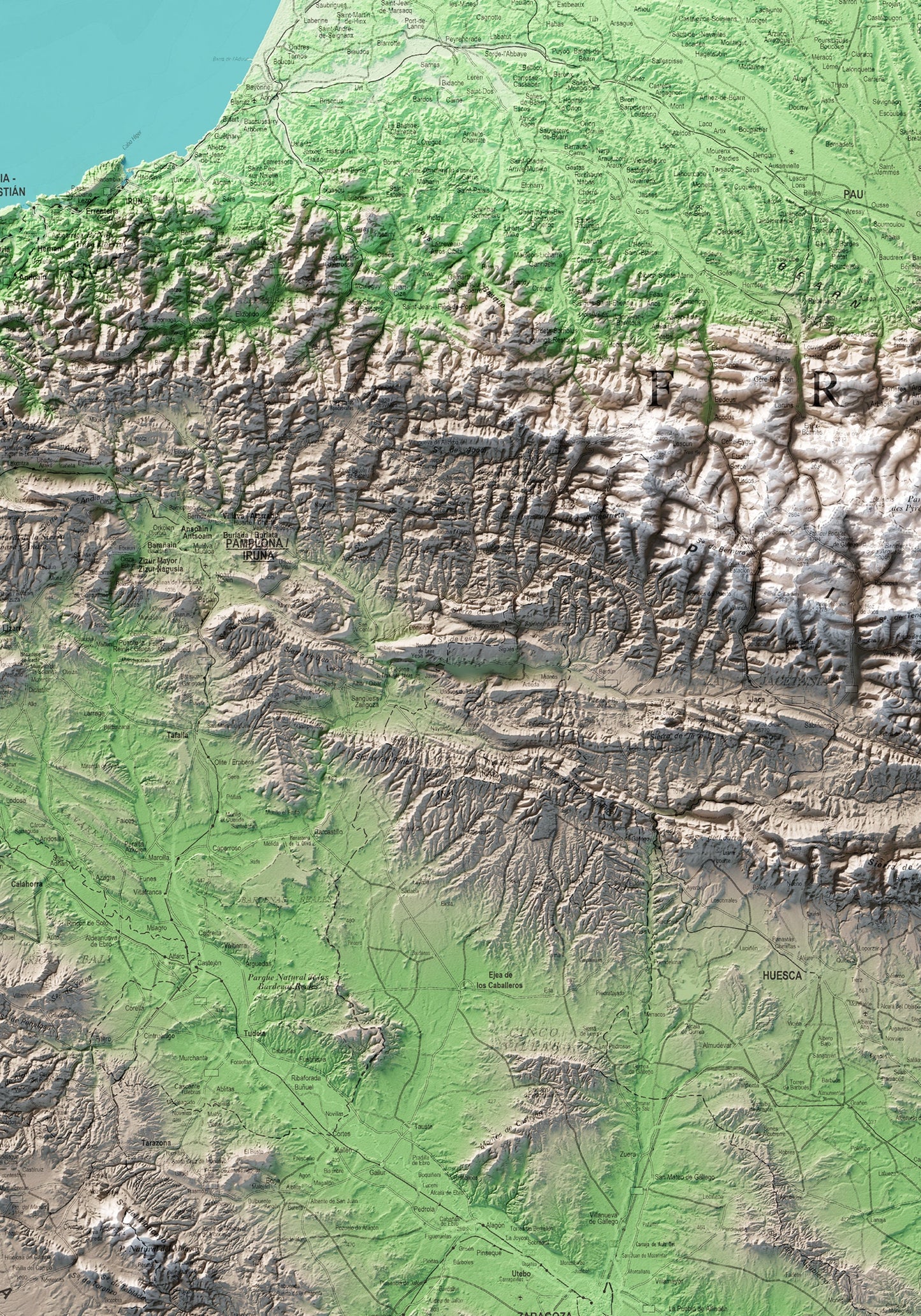 MAPA TOPOGRÁFICO EN COLOR DEL PIRINEO COMPLETO, VERSIÓN EN 3 PARTES. Parte IZQUIERDA (1)