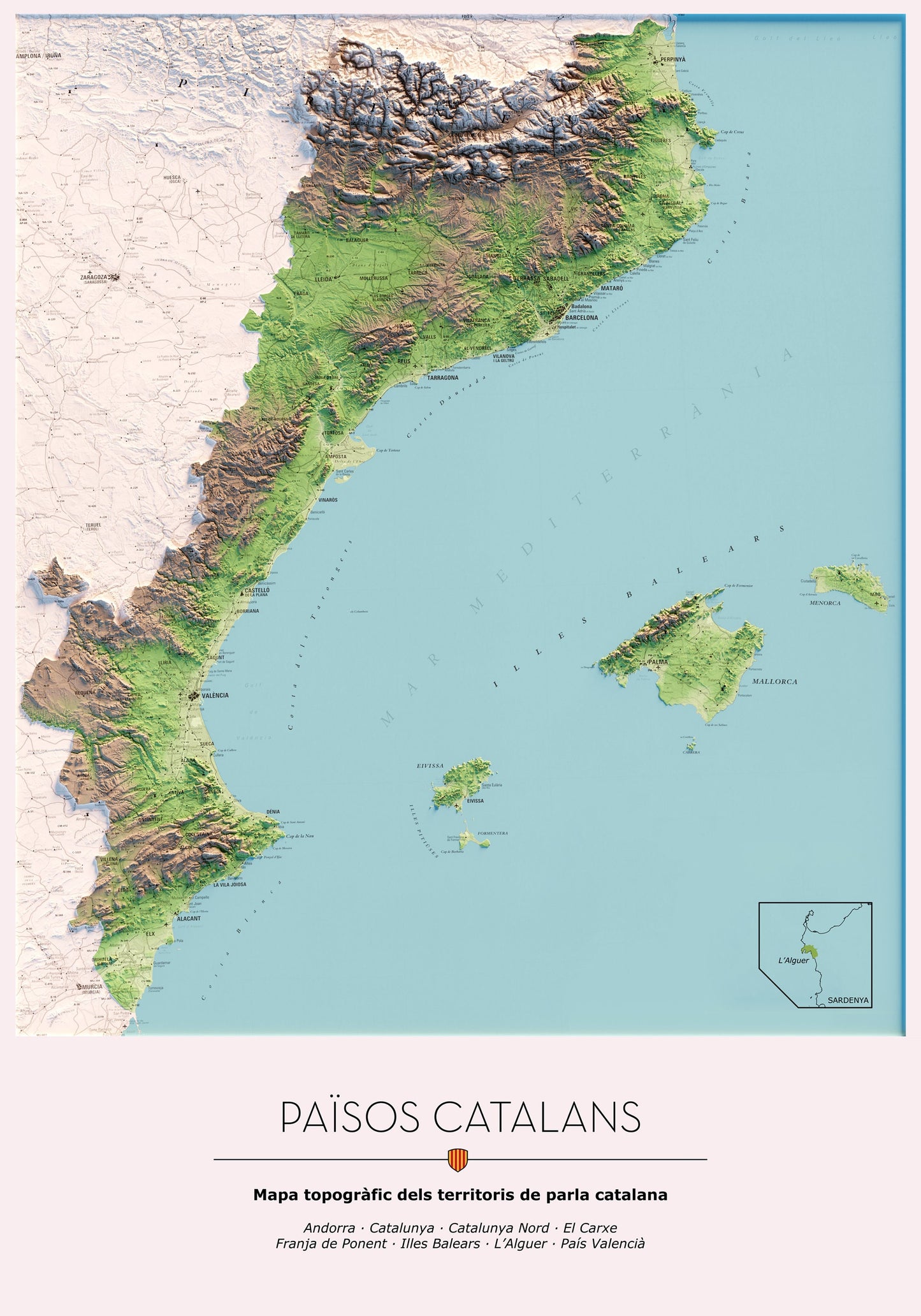 ELS PAÏSOS CATALANS. Mapa topográfico. Versió amb el mar blau.