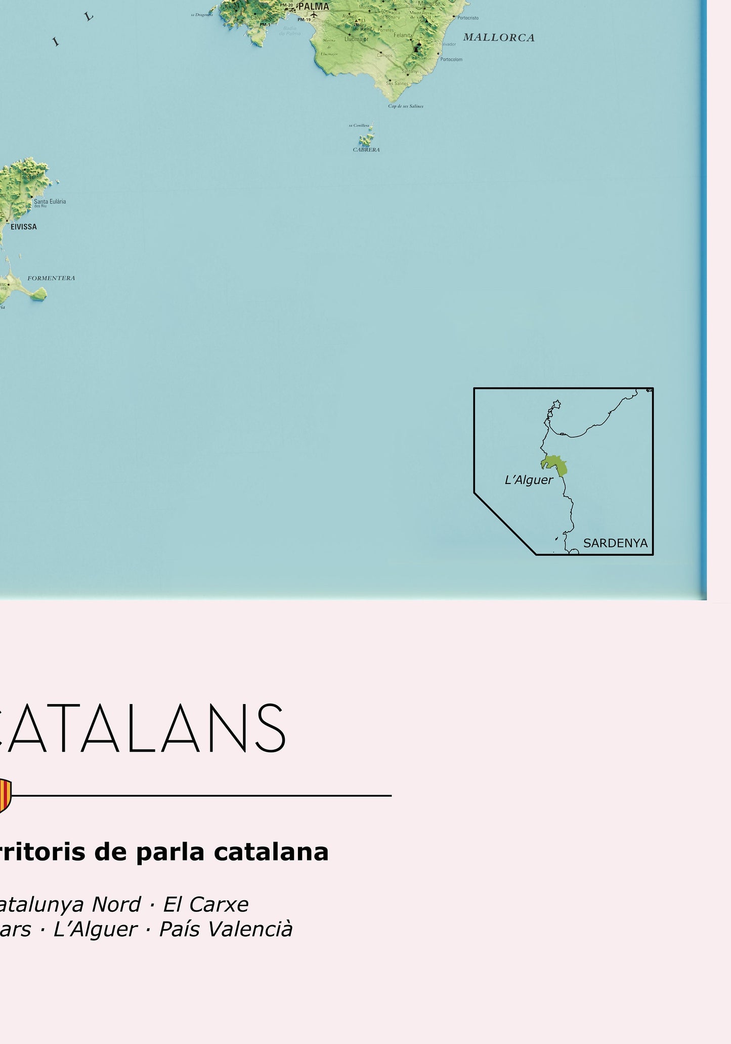 ELS PAÏSOS CATALANS. Mapa topográfico. Versió amb el mar blau.