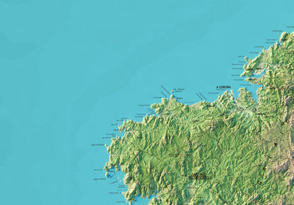 GALIZA. Mapa topográfico. Versión con el mar azul.