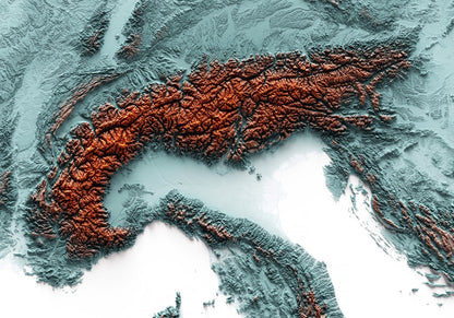 ALPS. Mapa de relleu artístic blau i taronja.