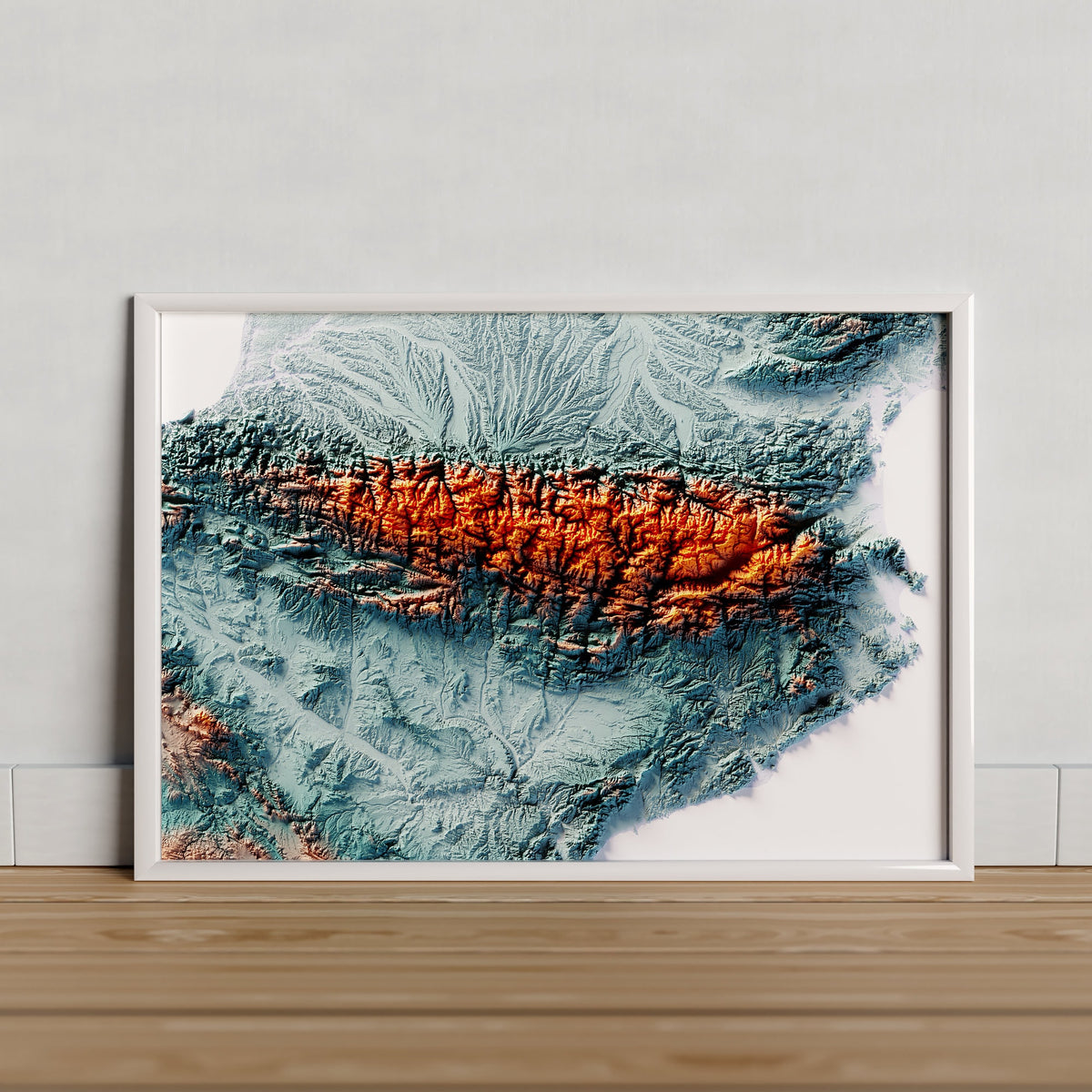 PIRINEOS. Mapa de relieve artístico / azul y naranja