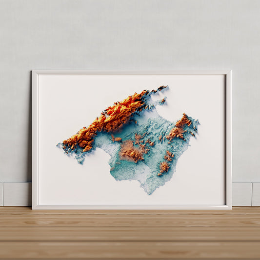 MALLORCA. Mapa de relleu artístic blau i taronja.