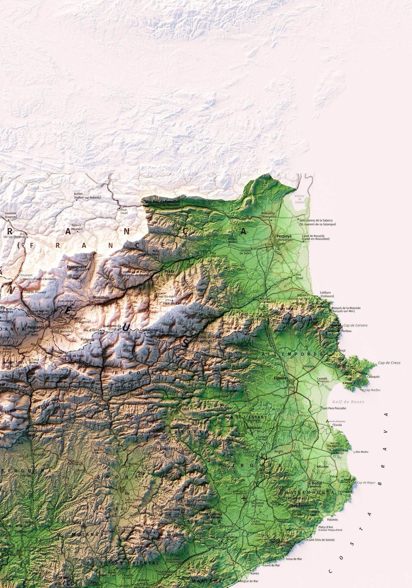 PRINCIPAT DE CATALUNYA I CATALUNYA NORD. Mapa topográfico. Versió vertical.